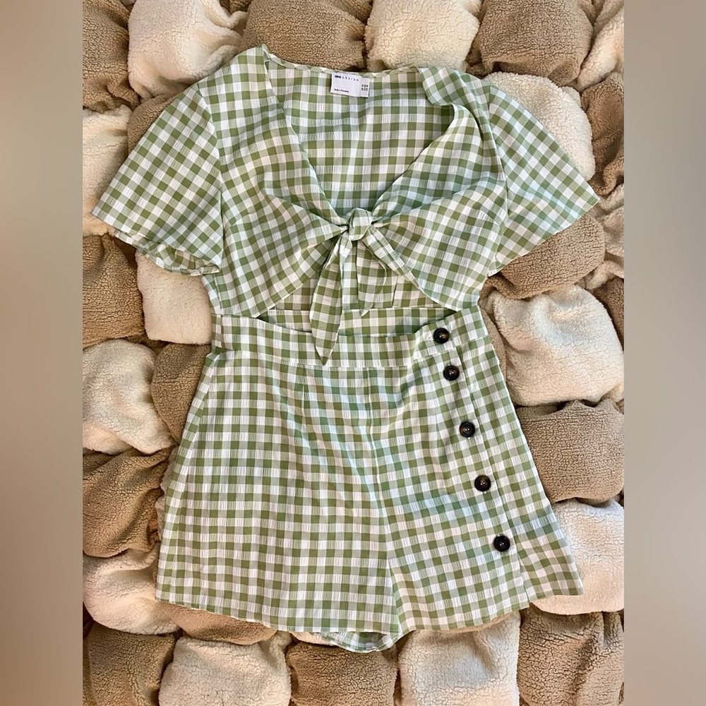 Green Checkered Romper with Bow and Button Details